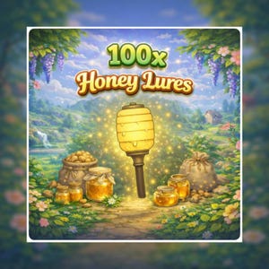 May include: A digital illustration featuring a glowing honey lure with the text "100x Honey Lures." The image includes jars of honey, sacks of nuts, and a scenic background with flowers and a small house.