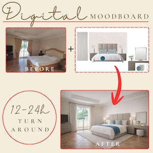 May include: A digital mood board showcasing a bedroom transformation. The image displays a "Before" and "After" comparison, highlighting design changes. The text "12-24h Turn Around" is also included, suggesting a quick turnaround time for the design project.
