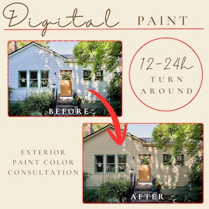 Könnte beinhalten: Werbung für eine digitale Farbberatung. Das Bild zeigt ein Haus vor und nach einem Anstrich. Der Text lautet "Digital Paint" und "Außenfarbberatung". Die Bearbeitungszeit beträgt 12-24 Stunden.