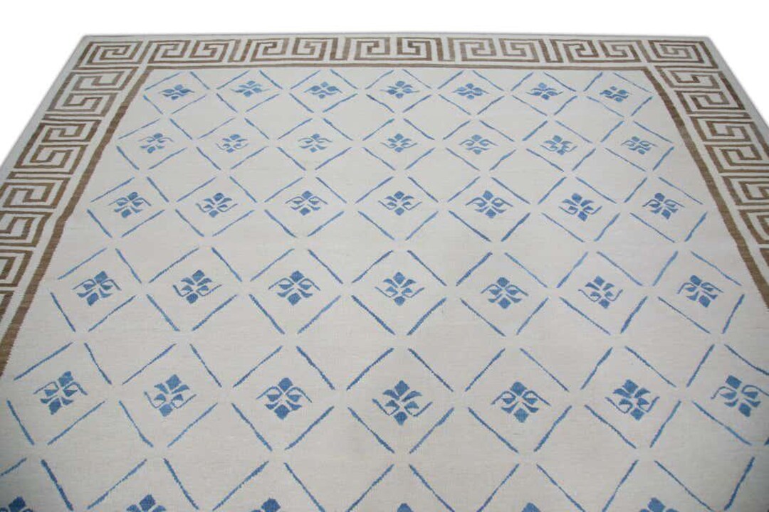 Blue Lattice Rug With Greek Key Border, Handmade Wool Area Rug, Neutral ...