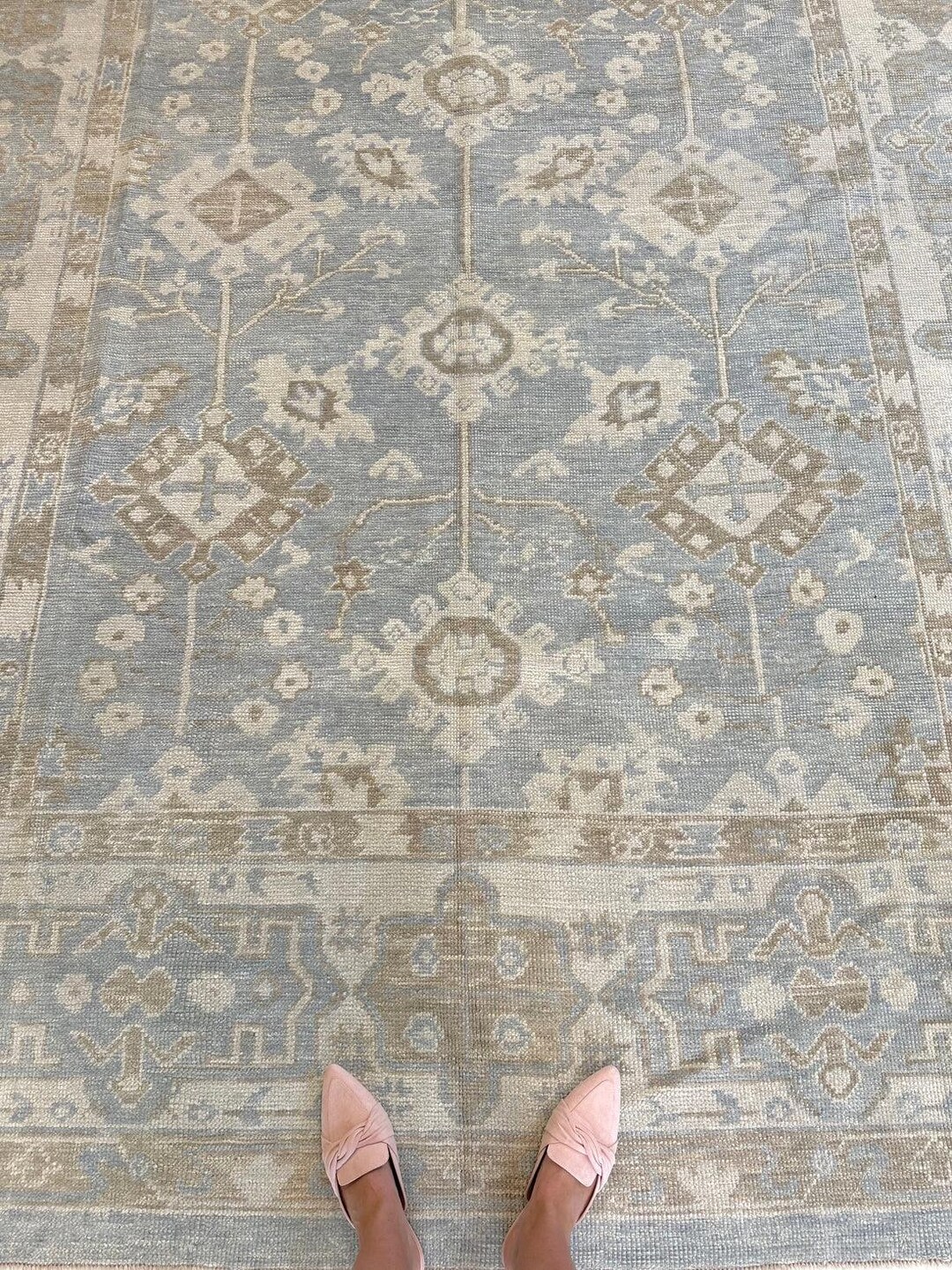 Muted Blue Beige Hand Knotted Oushak Wool Rug, Vintage Turkish Style ...