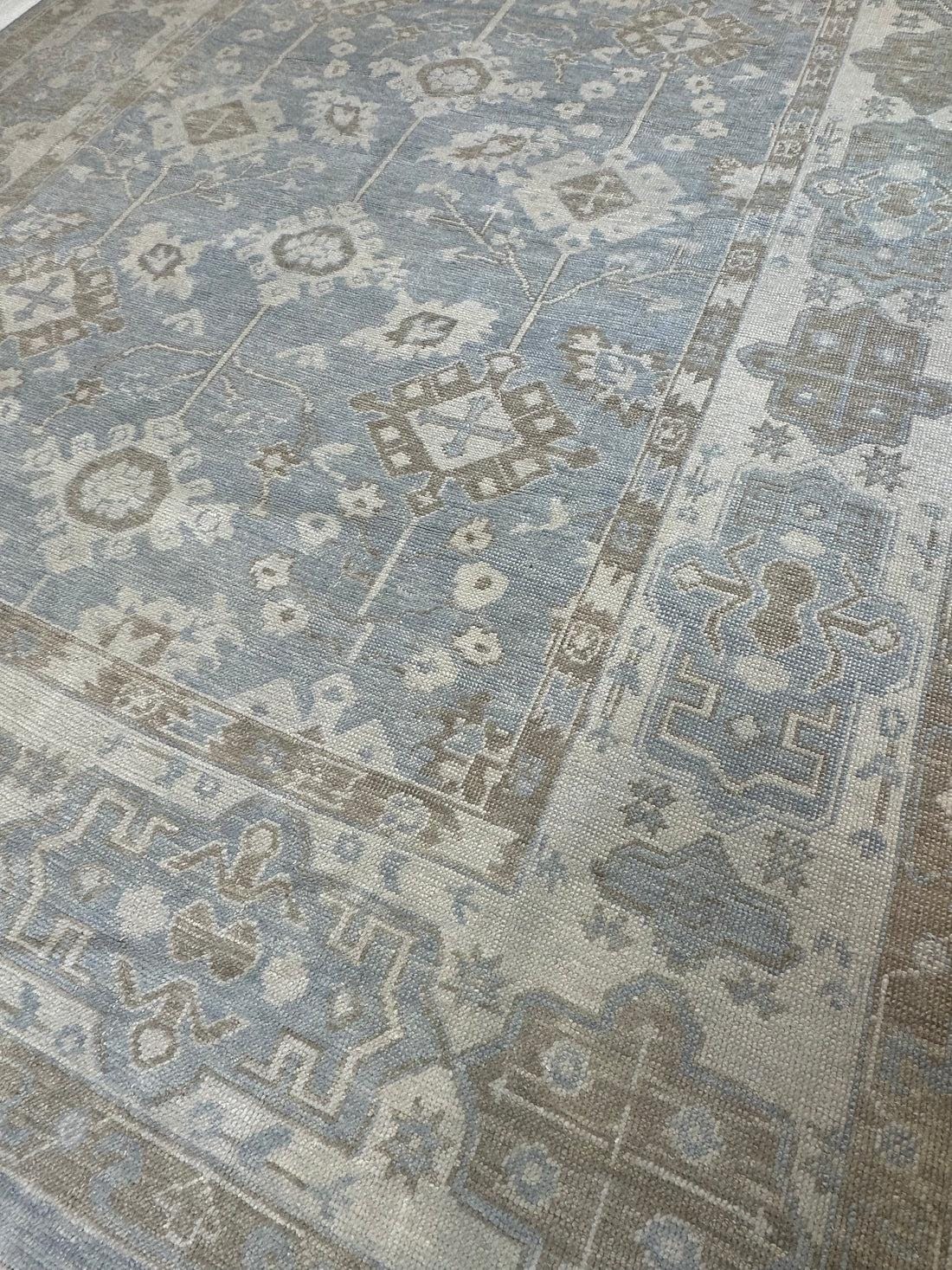 Muted Blue Beige Hand Knotted Oushak Wool Rug, Vintage Turkish Style ...