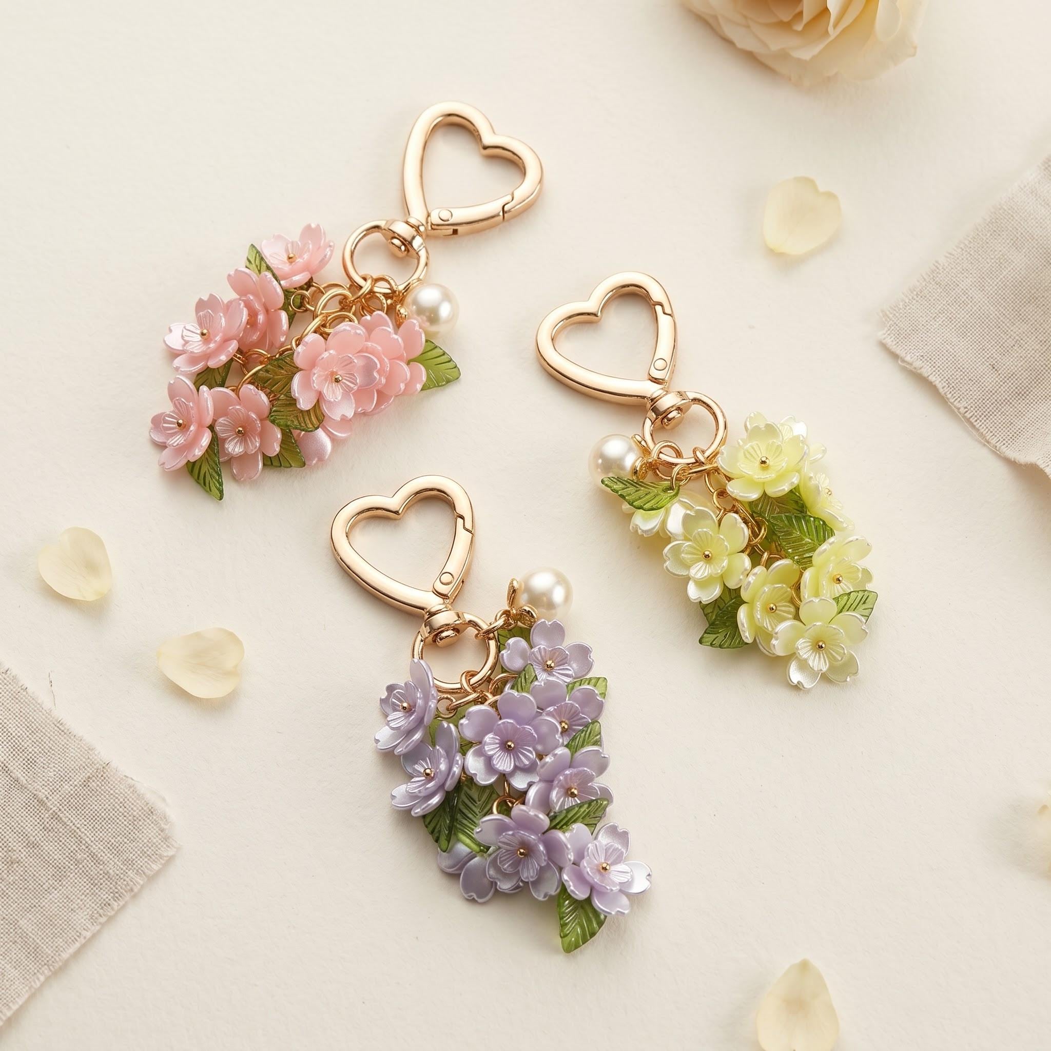 Pearl Flower Charm Keychain,Floral Bag Charm,Heart Key Ring,Flower Keychain,Gift for Her