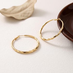 May include: A pair of gold-toned hoop earrings featuring a twisted, textured metal design. The circular earrings have a polished finish and include a standard post-back closure mechanism for securing the jewelry to the earlobe.