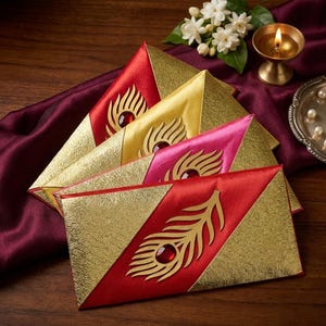 May include: Four decorative envelopes in red, gold, and pink, arranged on a dark wooden surface. Each envelope features a diagonal gold panel and a coloured panel with a cut-out feather design and a red gem. A candle and flowers are in the background.