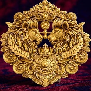 May include: Ornate gold-colored brooch featuring two facing lion heads with detailed manes, crowned and surrounded by decorative elements. The brooch has a symmetrical design with a central sunburst pattern and laurel leaves.