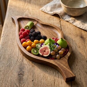 Bandeja de servir de madera hecha a mano con forma de hoja, bandeja de frutas de madera de acacia, tabla de embutidos estética con forma de hoja, decoración única para regalo de inauguración de casa