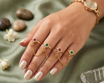 Gold Plated Multi Finger Chain Ring, Adjustable 4 Finger Connected Ring Set, Statement Hand Chain Jewelry,Indian Bridal Hathphool Gift/