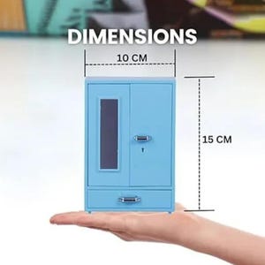 Miniature Blue Metal Wardrobe for Dollhouse Decor Tiny Almirah with Mirror Hangers, 1:12 Scale Doll Furniture, Small Jewellery Box Organiser