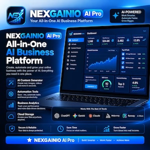 May include: A laptop displaying the NEXGAINIO AI Pro dashboard with blue interface elements, charts, and metrics. The screen shows business analytics, AI tools, and growth data. Text includes NEXGAINIO AI Pro, All-in-One AI Business Platform, and lists features like AI Content Generator, Automation Tools, and Business Analytics.