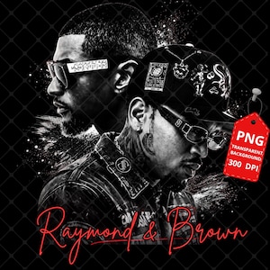 May include: A black and white digital graphic featuring two individuals wearing sunglasses and baseball caps, with the text Raymond & Brown in red script at the bottom. A red tag on the right side displays the text PNG TRANSPARENT BACKGROUND 300 DPI.