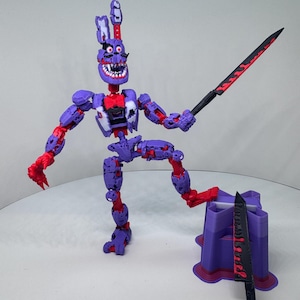 May include: A purple and red articulated figure of a rabbit-like character with a black mustache and a red bow tie. It holds a black and red sword. A purple and red stand with a sword is also present.