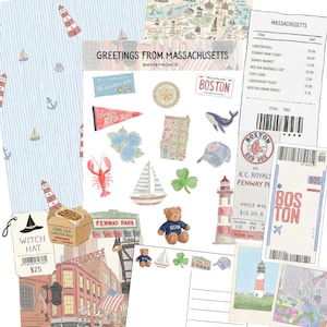 May include: A collection of watercolor illustrations and ephemera themed around Boston, Massachusetts. Includes a map, postcards, tickets, a lobster roll, a Red Sox baseball cap, and a witch hat tag with a price of $25.