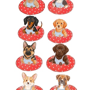 May include: Watercolor illustration of eight different dog breeds, each wearing a blue polka-dot outfit and floating in a red inner tube with white polka dots. The dogs include a poodle, Bernese Mountain Dog, Dachshund, Golden Retriever, German Shepherd, Labrador, Corgi, and Boxer.