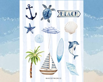 Coastal Sticker Sheet | Sea Turtle, Dolphin, Shells, Beach Journal Stickers