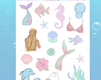 Mermaid Sticker Sheet | Under the Sea Journal Stickers, Scrapbook Decor (4.6 x 6.6 in)