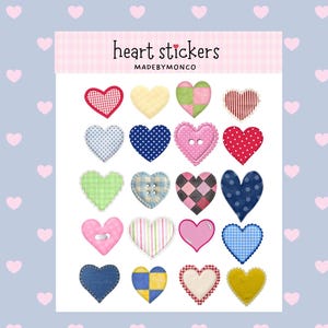 May include: A sheet of heart stickers with various patterns and colors, including red, blue, pink, and yellow. The stickers have different textures and designs, such as polka dots, gingham, and stripes. The text "heart stickers" is displayed at the top.