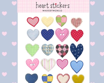 Heart Sticker Sheet  •Patchwork  & Cottage core •Stickers for Journals,  Scrapbooks, Happy Mail •Stationary Trinkets