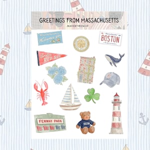 May include: Watercolor illustration of Massachusetts-themed stickers. Includes a Boston Red Sox pennant, a lobster, a whale, a lighthouse, a teddy bear, and a Fenway Park sign. The text "GREETINGS FROM MASSACHUSETTS" is at the top.