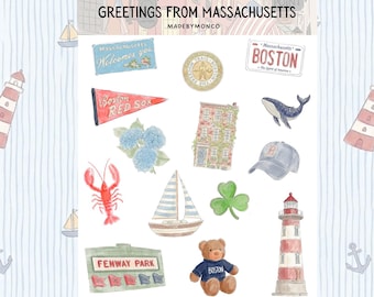 Massachusetts Sticker Sheet | Boston, Cape Cod Coastal Vibes  | Travel Junk Journal and Scrapbook