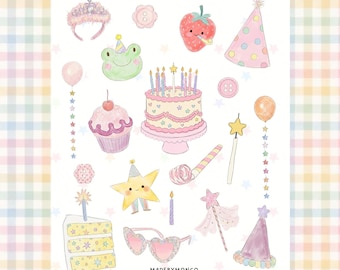 Whimsical Birthday Sticker Sheet | Celebration Stickers | Cake, Balloons & Gift Junk Journal Stickers