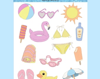 Pool Party Sticker Sheet | Summer Stickers for Junk Journals, Scrapbooks & Planners | Poolside Stickers