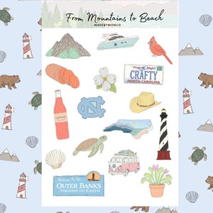 May include: A sticker sheet titled From Mountains to Beach featuring illustrations of a mountain, boat, cardinal, sweet potato, flower, North Carolina license plate, soda bottle, NC logo, hat, state map, turtle, lighthouse, shell, van, and plant.