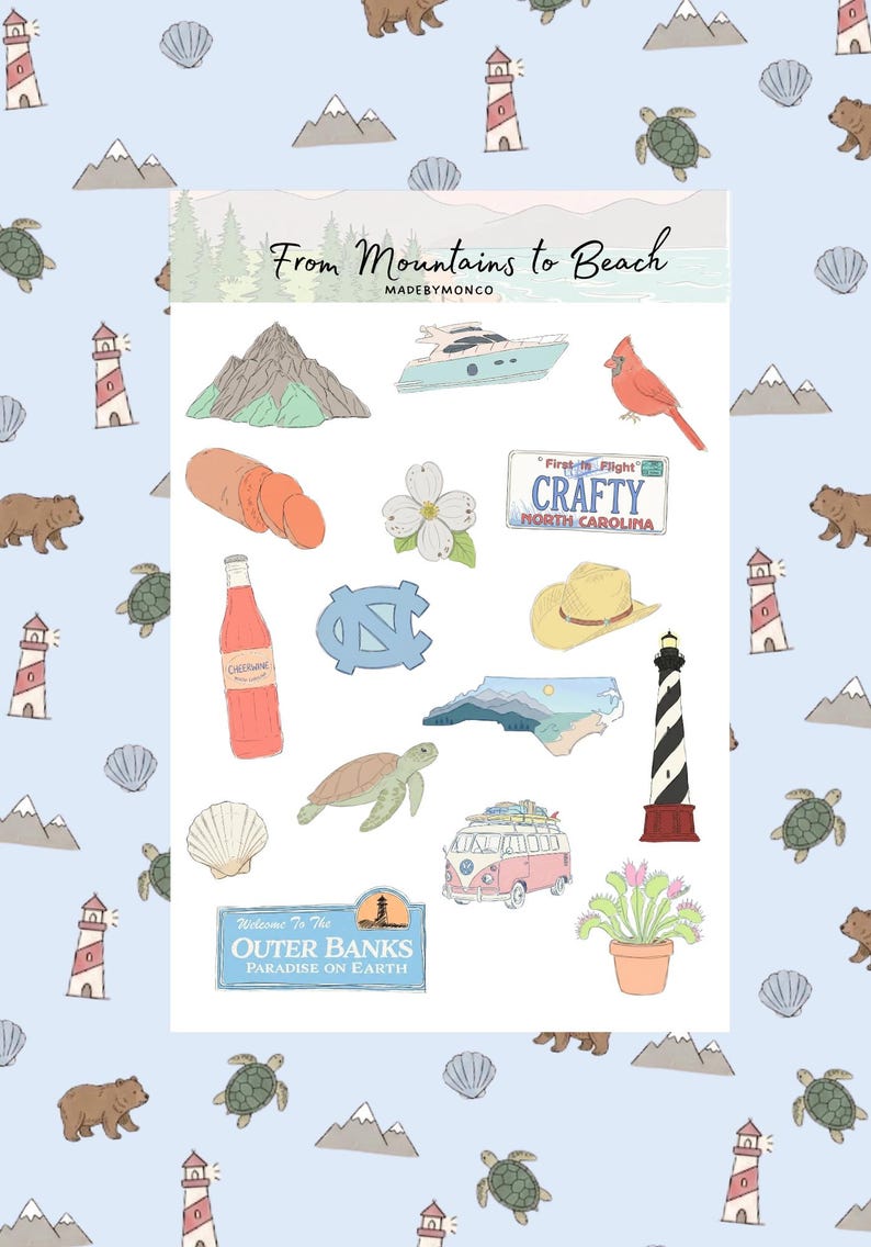 May include: A sticker sheet titled From Mountains to Beach featuring illustrations of a mountain, boat, cardinal, sweet potato, flower, North Carolina license plate, soda bottle, NC logo, hat, state map, turtle, lighthouse, shell, van, and plant.