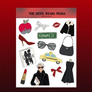 May include: Illustration featuring fashion-themed icons from "The Devil Wears Prada." Includes a red apple, high heels, sunglasses, a taxi, a black dress, a Vogue magazine, and a woman in sunglasses. The text "The Devil Wears Prada" is at the top.