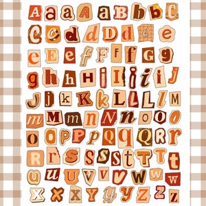 May include: A collection of alphabet letters in various fonts and styles, presented as individual cut-out pieces. The letters feature a warm color palette of orange, brown, cream, and tan, arranged in rows on a white background with a gingham border.
