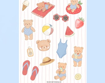 Bear Summer Sticker Sheet | Pool & Beach Stickers | Scrapbook, Junk Journal, Happy Mail