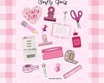 Crafty Girl Starter Pack Sticker Sheet | Scrapbook Stickers | Junk Journaling Supplies | Pink Stationery
