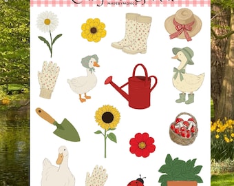 Cottagecore Garden Sticker Sheet | Whimsical Floral, Goose, Gardening Tools Ephemera