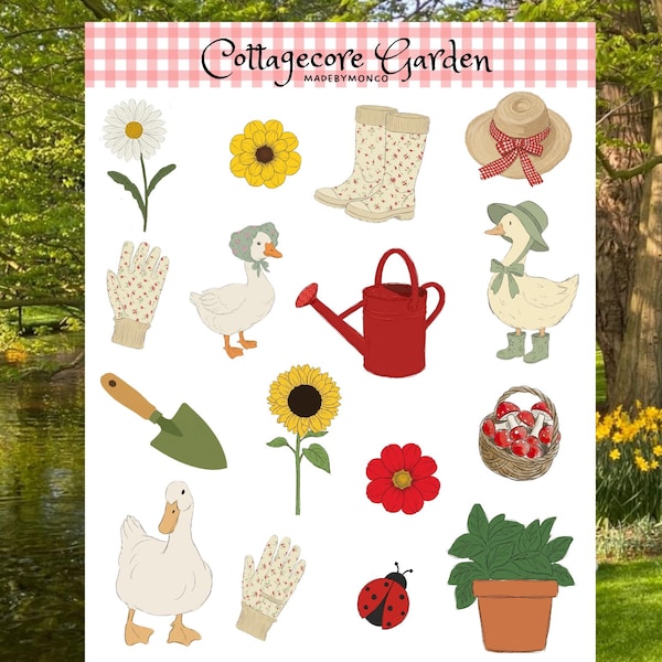 Cottagecore Garden Sticker Sheet | Whimsical Floral, Goose, Gardening Tools Ephemera
