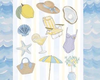 Amalfi Coast Lemon Beach Sticker Sheet | Watercolor Summer Vacation Junk Journal and Scrapbook Decor