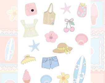 Soft Girl Summer Sticker Sheet | Pastel Summer Stickers | Junk Journal and Scrapbook | Beachy Vibes