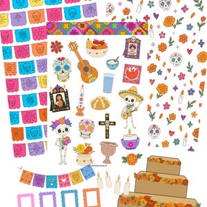 May include: A digital sticker sheet featuring Day of the Dead imagery including colorful papel picado banners, sugar skulls, marigold flowers, a guitar, candles, a skeleton in a sombrero, a three-tiered cake, and various picture frames.