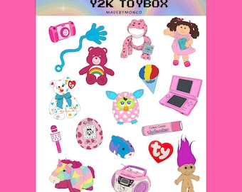Y2K Toybox Sticker Sheet | 2000s Nostalgia Ephemera, Retro Childhood Stickers, Junk Journal, Scrapbook