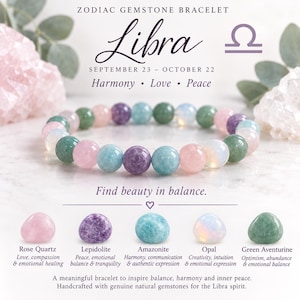 Puede incluir: Una pulsera de cuentas con piedras preciosas redondas y pulidas en tonos rosa, morado, verde y blanco iridiscente. El texto dice: ZODIAC GEMSTONE BRACELET, Libra, September 23 - October 22, Harmony, Love, Peace, Find beauty in balance.