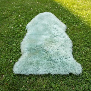 May include: A light blue sheepskin rug with a soft, fluffy texture. The rug is oval-shaped and lies on a bed of green grass. The rug's dimensions are approximately 40 inches long and 24 inches wide.