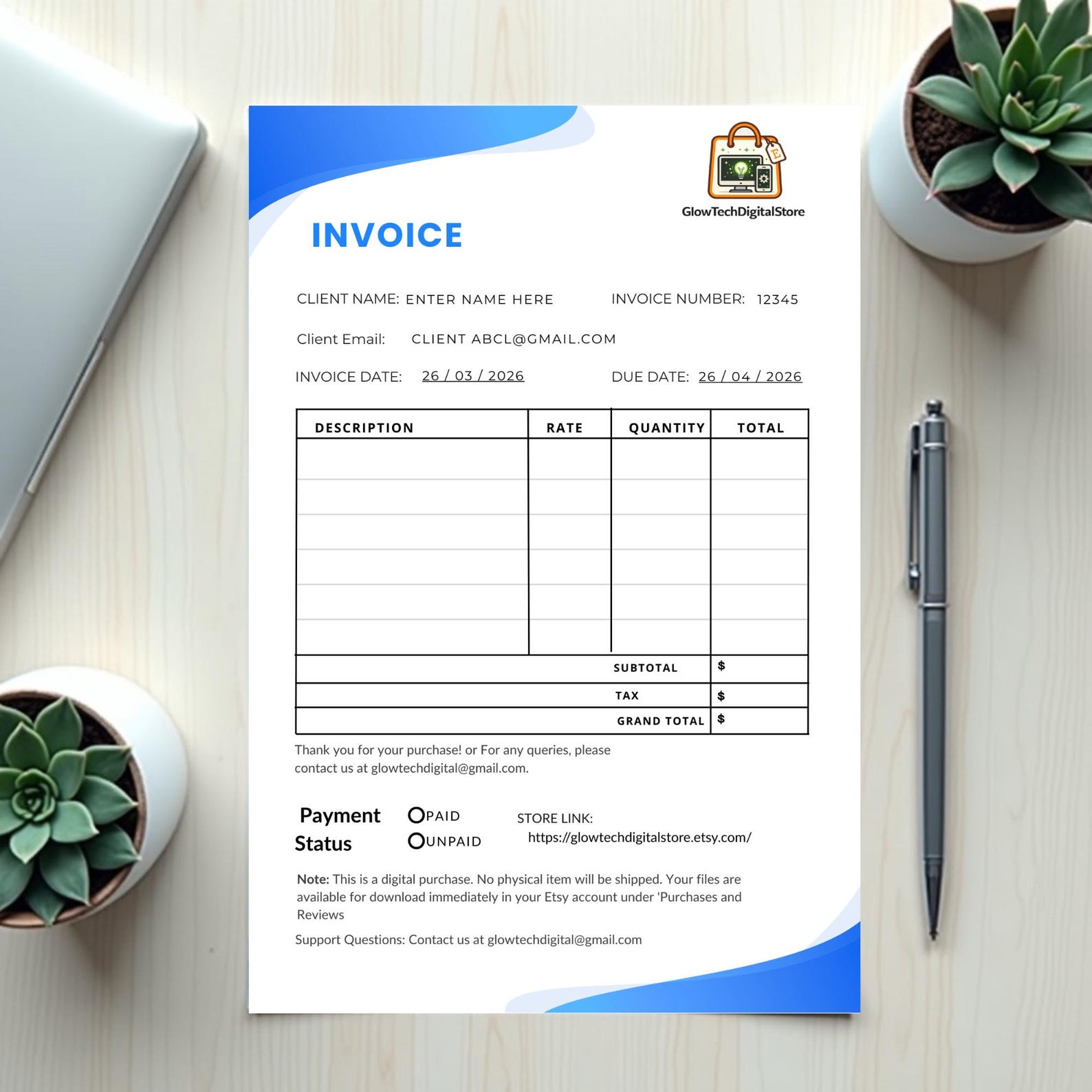 Provider Invoice Professional 2-page Invoice Template for Canva, Modern Blue Small ...
