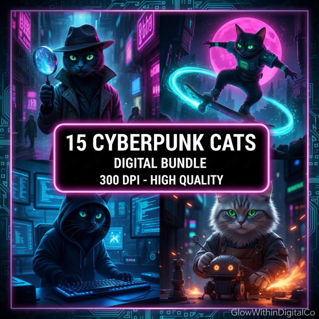 Cyberpunk Cat PNG Bundle, Neon Futuristic Clipart Digital Download ...