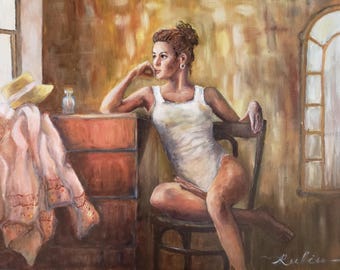 Warm Figurative Oil Painting - Quiet Moment by the Window
