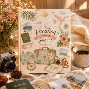 Puede incluir: Un diario de tapa dura con cubierta color crema que presenta el texto Vacation Memory Journal. La ilustración incluye una maleta, una cámara, una brújula, un mapa, un pasaporte, un avión y flores tropicales en tonos pastel.