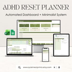Puede incluir: Imagen de un planificador de reinicio de TDAH, con el texto "ADHD RESET PLANNER" y "Automated Dashboard + Minimalist System". El planificador se muestra en una computadora portátil, un monitor de escritorio, una tableta y un teléfono inteligente, con una combinación de colores verde y blanco.