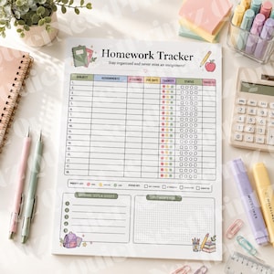 May include: A white paper homework tracker sheet featuring a grid with columns for subject, assignments, assigned, due date, priority, status, and grade. The header includes the text Homework Tracker and Stay organized and never miss an assignment.