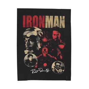 Iron Man collage Velveteen Plush Blanket | Tony Stark helmet, suit, retro poster style image 2
