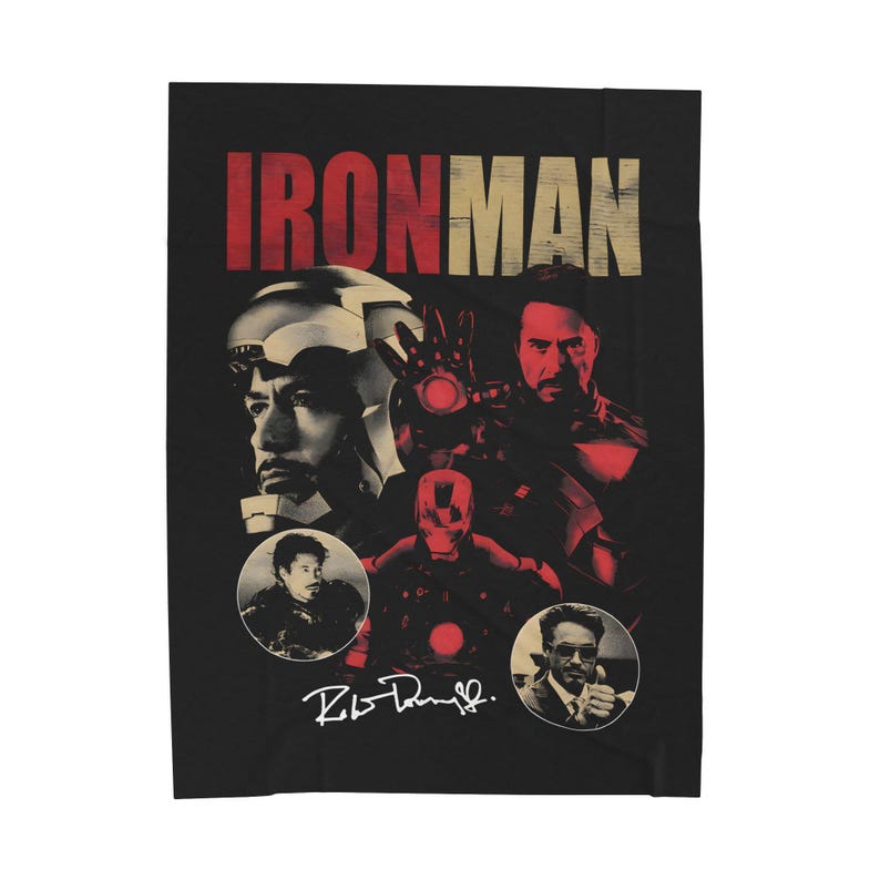 Iron Man collage Velveteen Plush Blanket | Tony Stark helmet, suit, retro poster style image 2