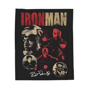 Iron Man collage Velveteen Plush Blanket | Tony Stark helmet, suit, retro poster style image 1