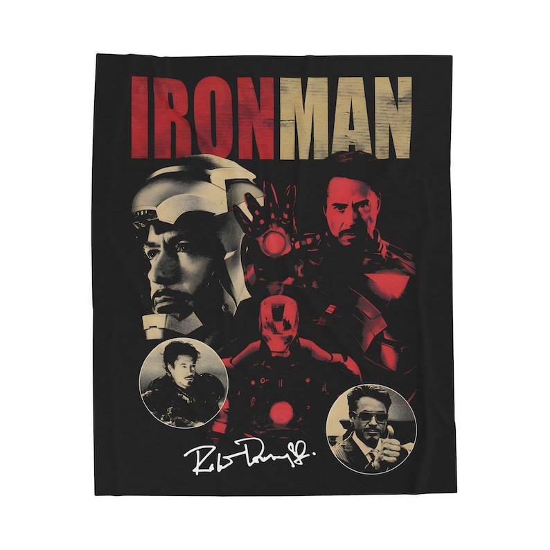 Iron Man collage Velveteen Plush Blanket | Tony Stark helmet, suit, retro poster style image 1
